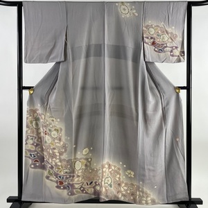 訪問着 身丈158cm 裄丈62.5cm S 袷 落款 草花 霞 絞 灰紫 正絹 名品 【中古】