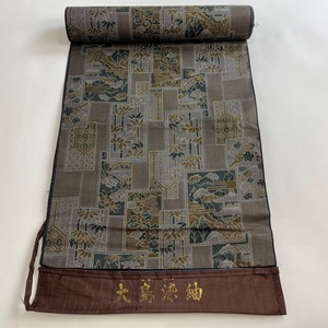 反物 秀品 小紋 紬地 松竹梅 椿 茶緑色 正絹 【中古】