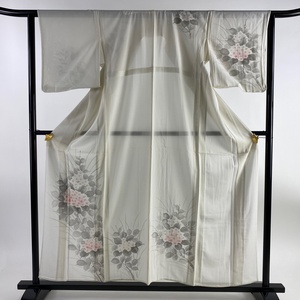 付下げ 身丈157.5cm 裄丈63cm S 薄物 絽 草花 クリーム 正絹 美品 優品 【中古】