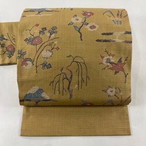 名古屋帯 美品 優品 紬地 草花 樹木 山吹茶色 正絹 【中古】