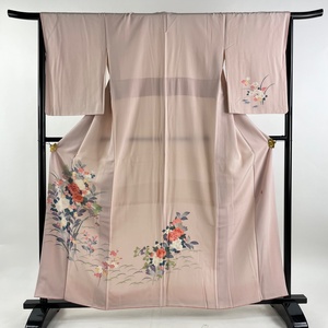 付下げ 身丈160cm 裄丈66cm M 袷 落款 枝花 露芝 薄ピンク 正絹 秀品 【中古】