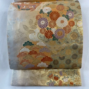 袋帯 美品 秀品 太子円雅 笠松 菊 金糸 箔 金色 六通 正絹 【中古】