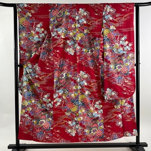  long-sleeved kimono length 153cm sleeve length 63cm S..... gold paint red silk preeminence goods [ used ]