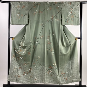 訪問着 身丈154cm 裄丈63.5cm S 袷 枝葉 蕾 金彩 灰緑 正絹 美品 秀品 【中古】