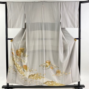 色留袖 身丈155.5cm 裄丈65cm M 袷 貝桶 菊 金糸 金彩 灰色 正絹 秀品 一つ紋 【中古】