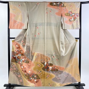 訪問着 身丈158.5cm 裄丈65cm M 袷 菊 ヱ霞 金糸 金彩 ベージュ 正絹 美品 秀品 【中古】