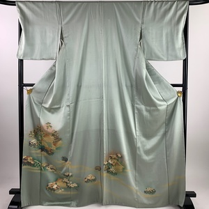 色留袖 身丈167.5cm 裄丈68.5cm L 袷 建物 松 金彩 ぼかし 灰緑 正絹 優品 【中古】