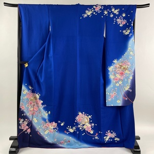 振袖 身丈171cm 裄丈66cm M 袷 鼓 桜 金彩 染め分け 紺色 正絹 名品 【中古】