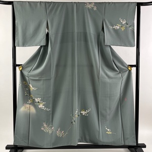 訪問着 身丈158cm 裄丈65cm M 袷 落款 草花 ぼかし 灰緑 正絹 美品 秀品 【中古】