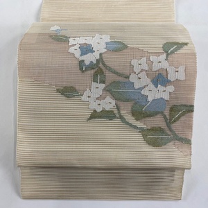 名古屋帯 秀品 夏帯 絽 八寸名古屋帯 松葉仕立て 草花 ベージュ 正絹 【中古】