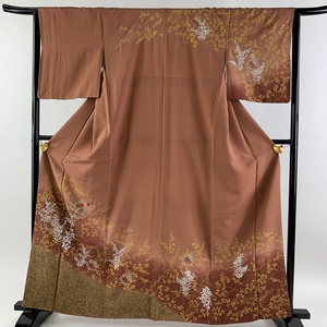 訪問着 身丈163cm 裄丈64.5cm M 袷 菊 雪輪 刺繍 金銀糸 赤茶 正絹 美品 秀品 【中古】