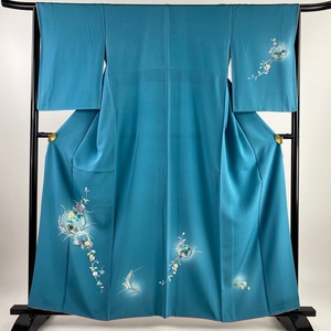 付下げ 身丈161cm 裄丈65cm M 袷 草花 ぼかし 青緑 正絹 秀品 【中古】