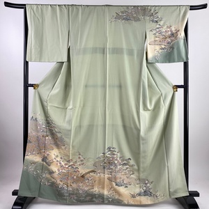 訪問着 身丈164.5cm 裄丈67.5cm L 袷 水辺の風景 松竹梅 金彩 ぼかし 灰緑 正絹 美品 秀品 【中古】