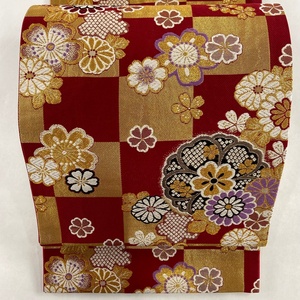 袋帯 美品 秀品 振袖向き 桜 市松 金糸 箔 赤 六通 正絹 【中古】