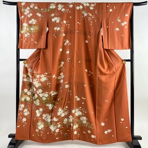 訪問着 身丈162.5cm 裄丈66cm M 袷 枝垂れ桜 霞 金彩 オレンジ 正絹 秀品 【中古】