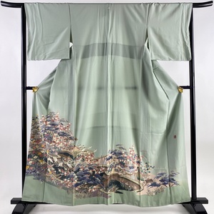 色留袖 身丈160cm 裄丈65cm M 袷 落款 風景 鶴 薄緑 正絹 秀品 一つ紋 【中古】