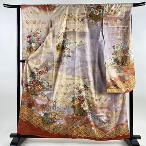 振袖 身丈160cm 裄丈67cm M 袷 花車 ヱ霞 金彩 ぼかし ベージュ 正絹 美品 秀品 【中古】