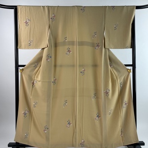 小紋 身丈160cm 裄丈66.5cm M 袷 落款 菊 草花 薄茶色 正絹 美品 秀品 【中古】