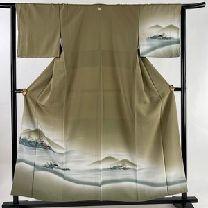 訪問着 身丈155.5cm 裄丈64cm M 袷 水辺の風景 銀彩 ぼかし 茶緑色 正絹 美品 秀品 一つ紋 【中古】