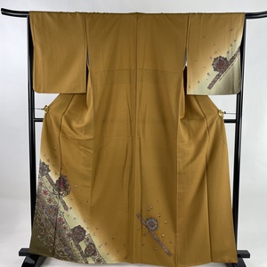 付下げ 身丈162cm 裄丈66cm M 袷 華文 花唐草 ぼかし 茶色 正絹 美品 秀品 【中古】