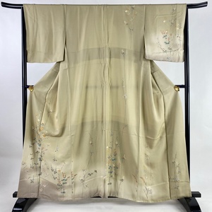 付下げ 身丈161.5cm 裄丈66cm M 袷 草花 金糸 金彩 ベージュ 正絹 秀品 【中古】