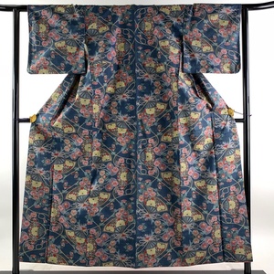 紬 身丈155.5cm 裄丈62cm S 袷 扇 菊 藍色 正絹 優品 【中古】