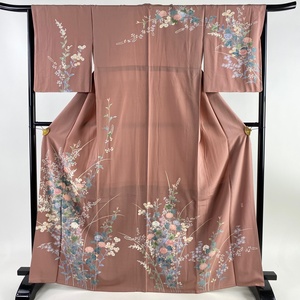 訪問着 身丈165cm 裄丈65cm M 袷 落款 秋草 ピンクベージュ 正絹 美品 秀品 【中古】