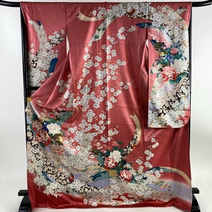 振袖 身丈175cm 裄丈66.5cm M 袷 孔雀 牡丹 金彩 ぼかし ピンク 正絹 美品 秀品 【中古】