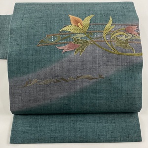 名古屋帯 美品 秀品 紬地 草花 刺繍 緑 正絹 【中古】