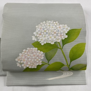 名古屋帯 名品 落款 夏帯 絽 紫陽花 金彩 灰緑 正絹 【中古】