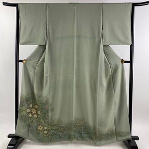 付下げ 身丈161.5cm 裄丈64cm M 袷 草花 流水 絞り ぼかし 灰緑 正絹 美品 秀品 一つ紋 【中古】