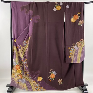  long-sleeved kimono length 164cm sleeve length 66.5cm M. Sakura wave head gold paint purple silk beautiful name of product goods [ used ]