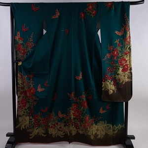  long-sleeved kimono length 167cm sleeve length 68.5cm L... butterfly . gold paint dyeing dividing green silk preeminence goods [ used ]