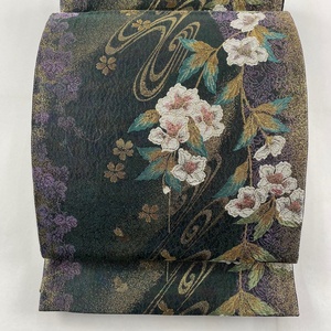 袋帯 美品 秀品 桜 流水 金糸 箔 深緑 六通 正絹 【中古】