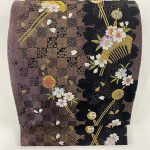 袋帯 秀品 やまと 桜 簪 金糸 刺繍 灰紫 六通 正絹 【中古】