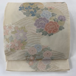 袋帯 美品 秀品 夏帯 絽 花丸文 草花 金糸 箔 クリーム 六通 正絹 【中古】