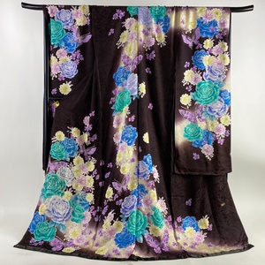 振袖 身丈182cm 裄丈74cm 未仕立て 仮絵羽 PRINCESS FURISODE 薔薇 蝶 銀通し 箔 焦茶色 正絹 美品 逸品 【中古】