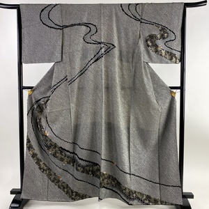 訪問着 身丈162cm 裄丈65cm M 袷 草花 幾何学模様 刺繍 絞り 黒 正絹 美品 名品 【中古】