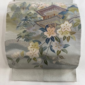 名古屋帯 美品 秀品 八寸名古屋帯 松葉仕立て 枝桜 建物 箔 灰色 正絹 【中古】