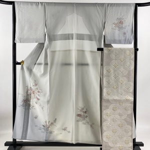  tsukesage length 157cm sleeve length 63cm S light thing . double-woven obi set flower car ... water embroidery blue grey silk preeminence goods 