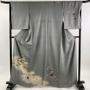 付下げ 身丈164cm 裄丈68.5cm L 袷 草花 霞 ぼかし 絞り 灰緑 正絹 秀品【中古】