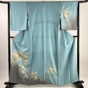 付下げ 身丈160.5cm 裄丈64cm M 袷 枝花 螺鈿 金銀彩 水色 正絹 名品 【中古】