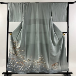 訪問着 身丈155.5cm 裄丈65cm M 袷 舟 松 金彩 ぼかし 青灰色 正絹 秀品 【中古】