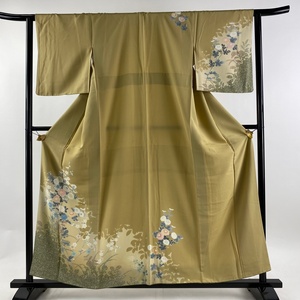 訪問着 身丈159cm 裄丈62.5cm S 袷 菊 シルエット 薄茶色 正絹 美品 秀品 【中古】