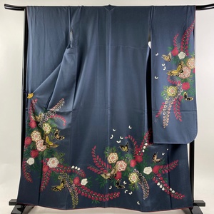 振袖 身丈161cm 裄丈67cm M 袷 草花 蝶々 灰色 正絹 秀品 【中古】