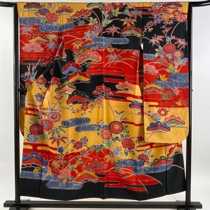 振袖 身丈153cm 裄丈65cm M 袷 松竹梅 観世水 山吹茶色 正絹 美品 名品 【中古】