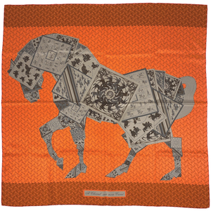 エルメス HERMES カレ 90 A CHEVAL SUR MON CARRE カレの馬に乗って スカーフ シルク オレンジ レディース 【中古】