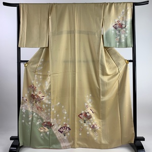 付下げ 身丈167.5cm 裄丈67.5cm L 袷 扇 枝垂れ桜 金銀彩 ベージュ 正絹 美品 秀品 【中古】