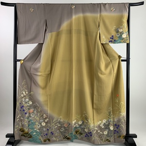 訪問着 身丈164cm 裄丈66cm M 袷 花井幸子 落款 秋草 流水 刺繍 金糸 茶紫 正絹 名品 五つ紋 【中古】