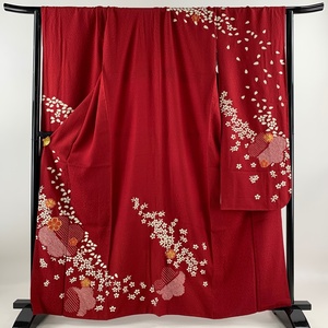 振袖 身丈163cm 裄丈69cm L 袷 やまと 桜 縞 金糸 絞り 赤 正絹 美品 名品 【中古】